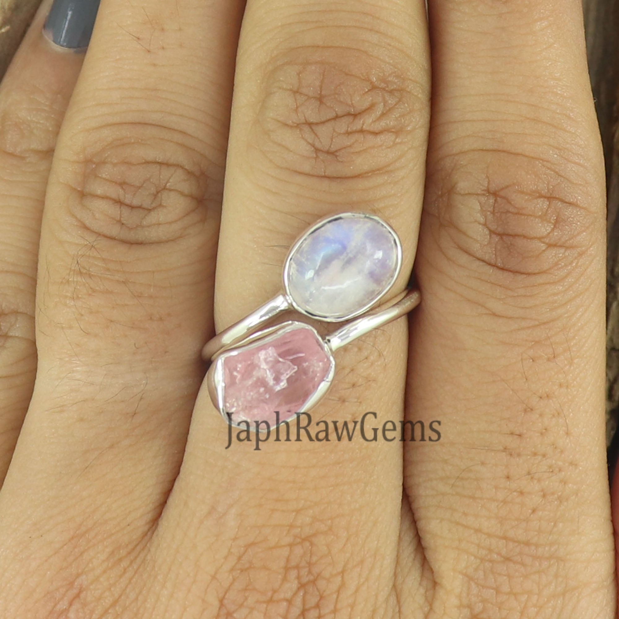 Raw Rose Quartz Ring , Moonstone Ring